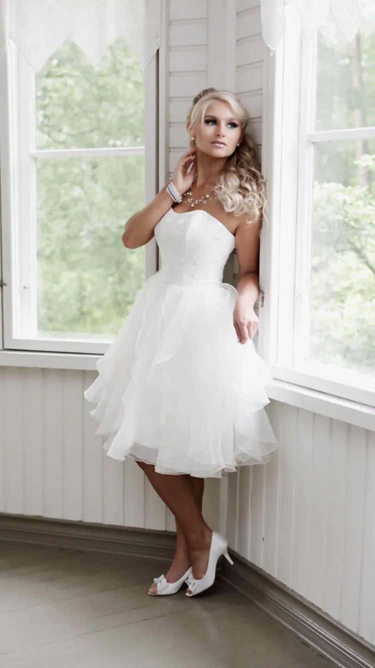 Ruth standing in white tulle dress by veranda window, full length